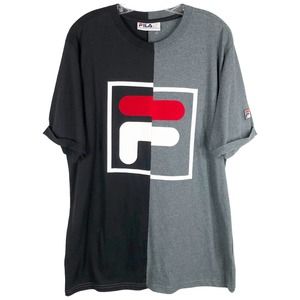 Fila Large Tee Shirt Half and Half Cut Short Sleeve Black Gray‎ Crew Cotton 155